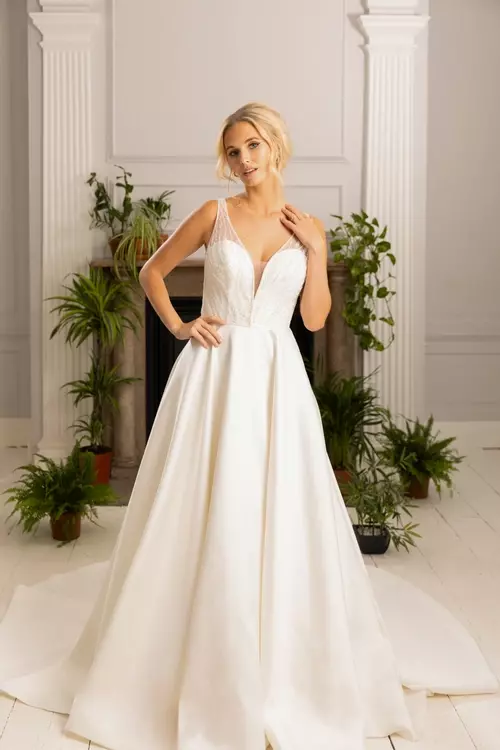Taylor W465 Beaded V Neck Bodice with Mikado Ballgown Skirt True Bride